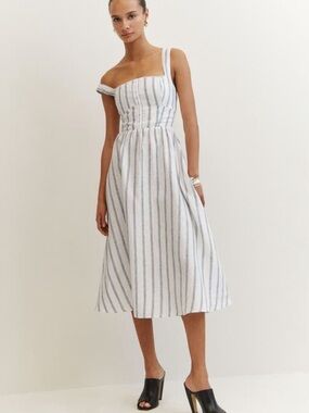 Reformation Tagliatelle Dress White and Blue Striped Midi 4 Like New - Worn Once